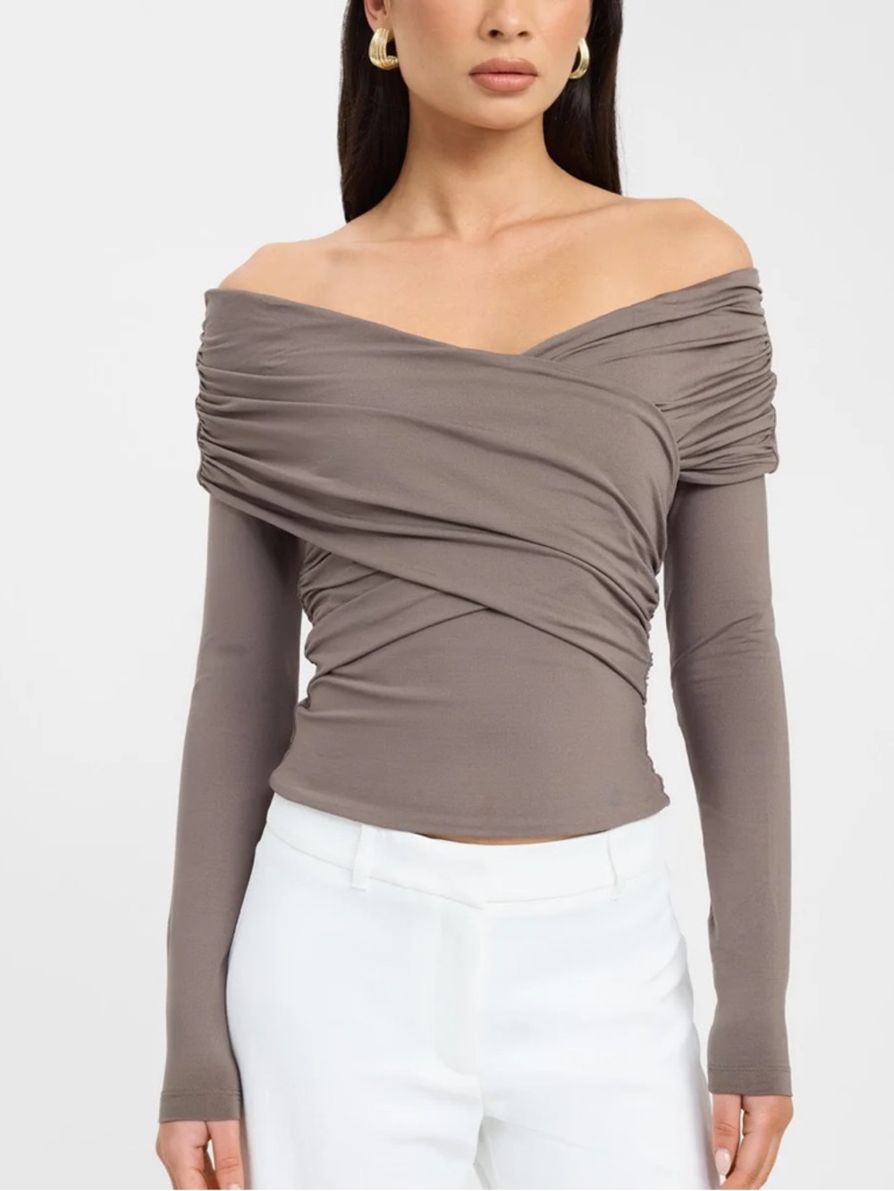 Kookai Taupe Off-Shoulder Ruched Long-Sleeve Top, New